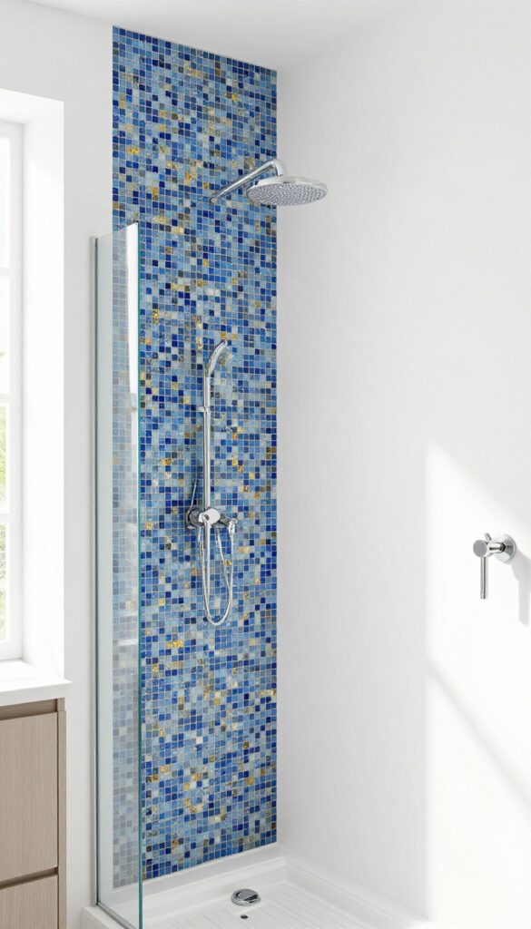 A photorealistic image of a pony wall shower with a mosaic accent strip in glass or stone tiles, showcasing artistic flair and light reflection in a polished bathroom setting.