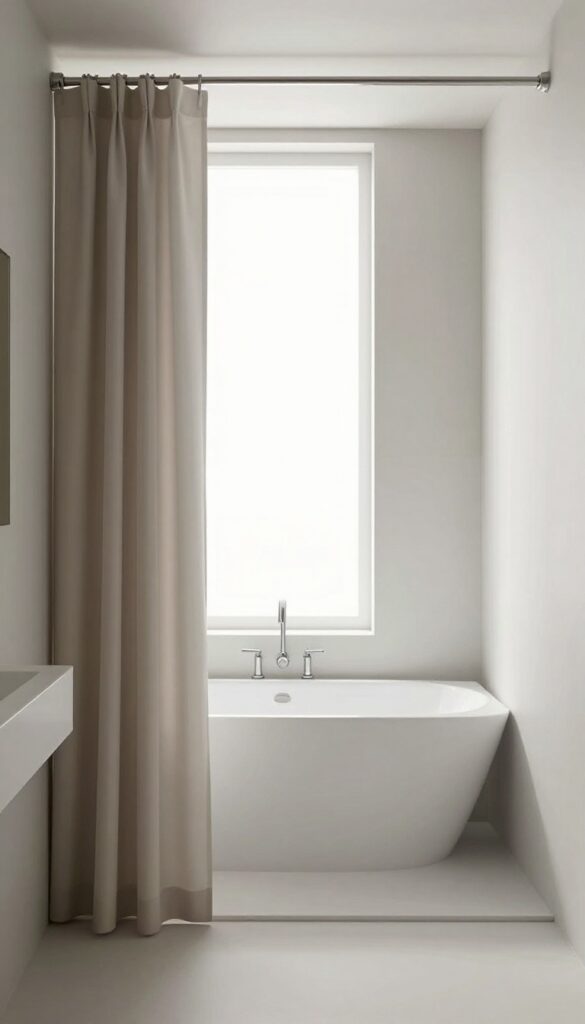 A tall two-tone shower curtain in neutral colors, adding style and balance to a bright, clutter-free bathroom with natural light.