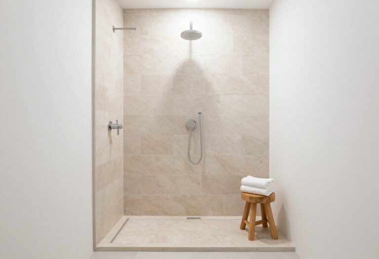Close-up view of a shower curb with natural stone tiles in a modern bathroom, showcasing texture and style with soft lighting and minimal decor.
