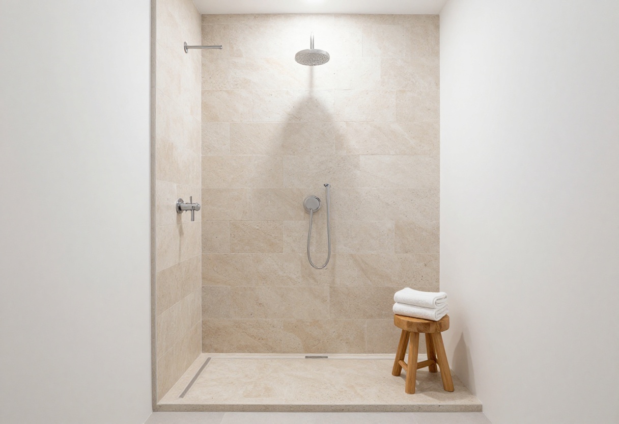 Close-up view of a shower curb with natural stone tiles in a modern bathroom, showcasing texture and style with soft lighting and minimal decor.