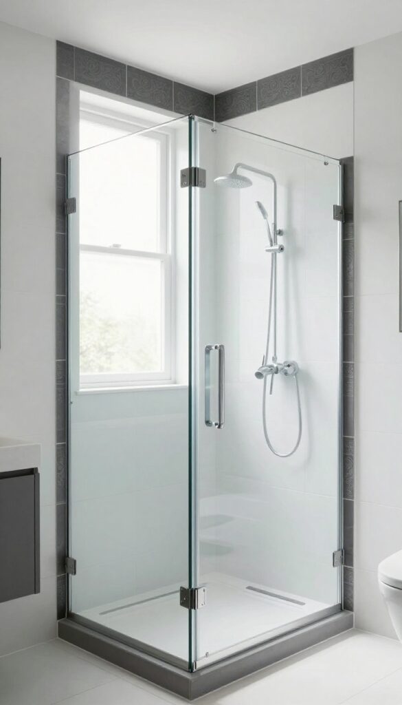 A modern bathroom with a frameless glass walk-in shower featuring a dark gray tile border against white walls, creating an open and airy feel with natural lighting.