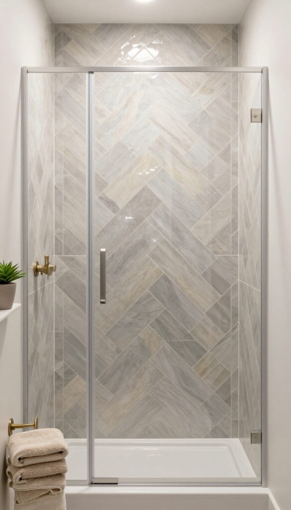 Herringbone tile pattern in neutral tones on walk-in shower walls, with natural light and simple decor for an elegant bathroom.