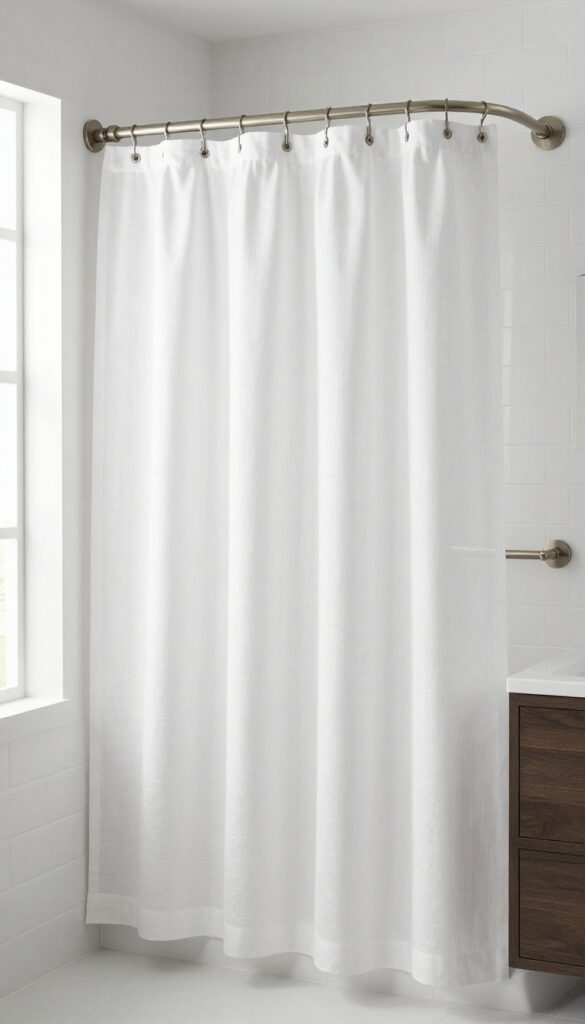 Brushed nickel curved shower curtain rod in a polished bathroom setting with natural light and cohesive decor.