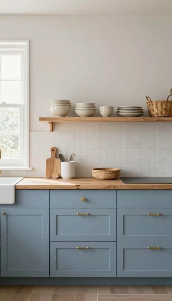 Dusty blue kitchen cabinets with brass hardware and warm wood countertops