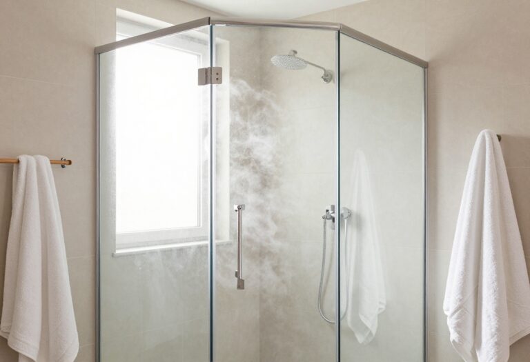 Modern steam shower in a bathroom with glass doors, neutral tiles, wood accents, and soft lighting, creating a spa-like retreat.