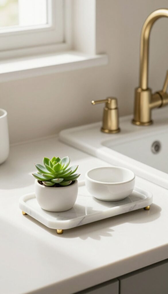 Small marble soap tray with brass accents on a kitchen sink counter