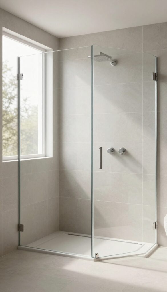 Modern bathroom shower with large-format tiles in neutral colors, showing a clean and spacious design with minimal grout lines and natural lighting.