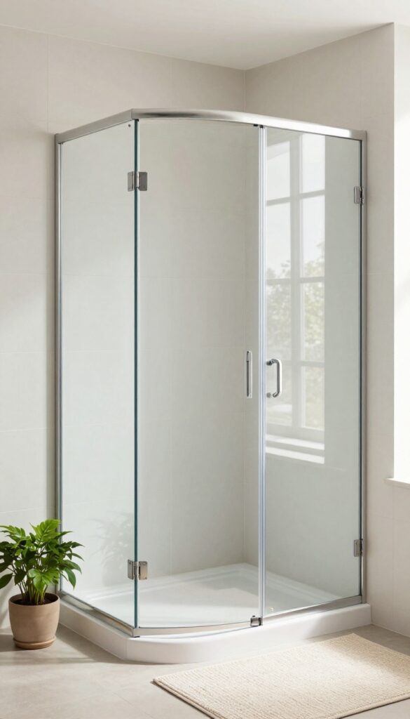 Bi-fold shower doors folded inward in a small, bright bathroom with light tiles and minimal decor.