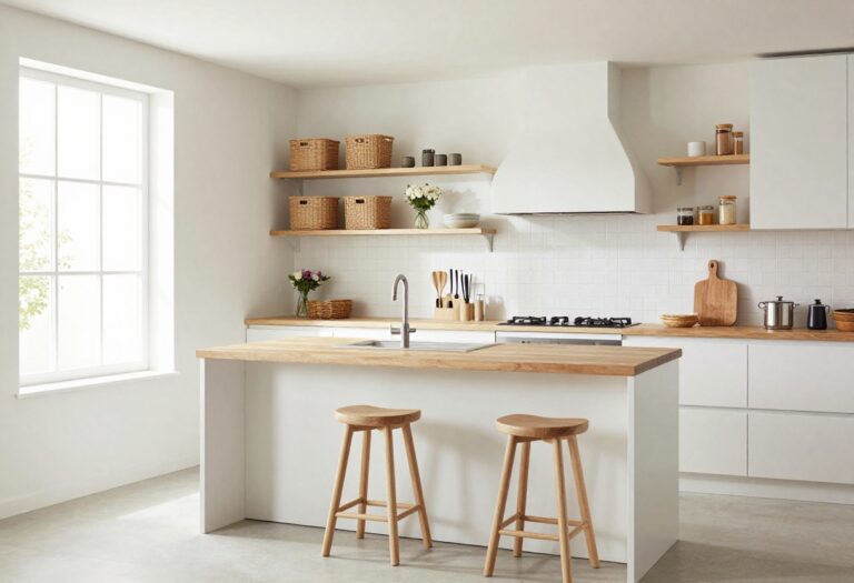 Compact kitchen island with butcher block top, open shelving with baskets, and two counter stools in a bright modern kitchen.