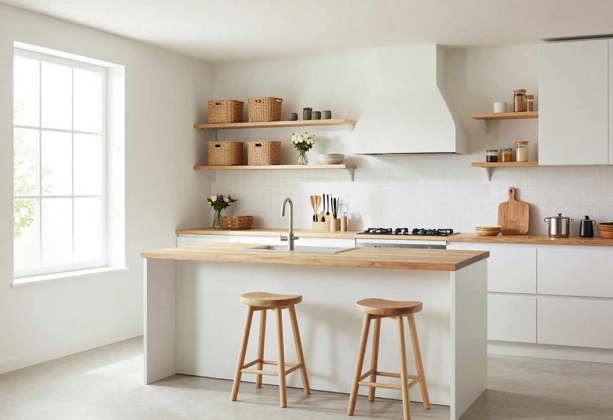 Compact kitchen island with butcher block top, open shelving with baskets, and two counter stools in a bright modern kitchen.