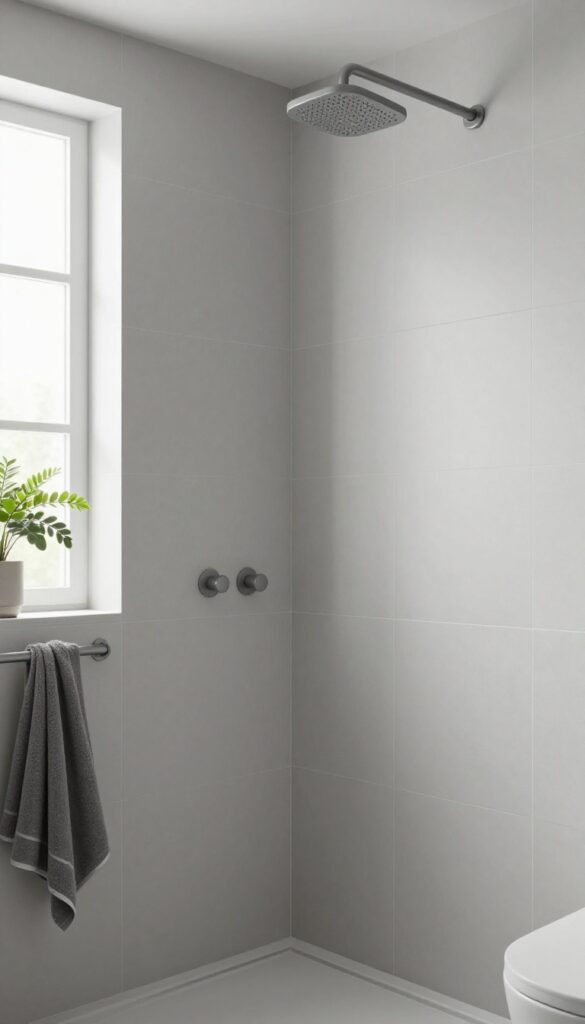 A monochromatic curbless shower in shades of gray with seamless tiles and minimalist fixtures, showcasing a cohesive and polished bathroom design under natural light.