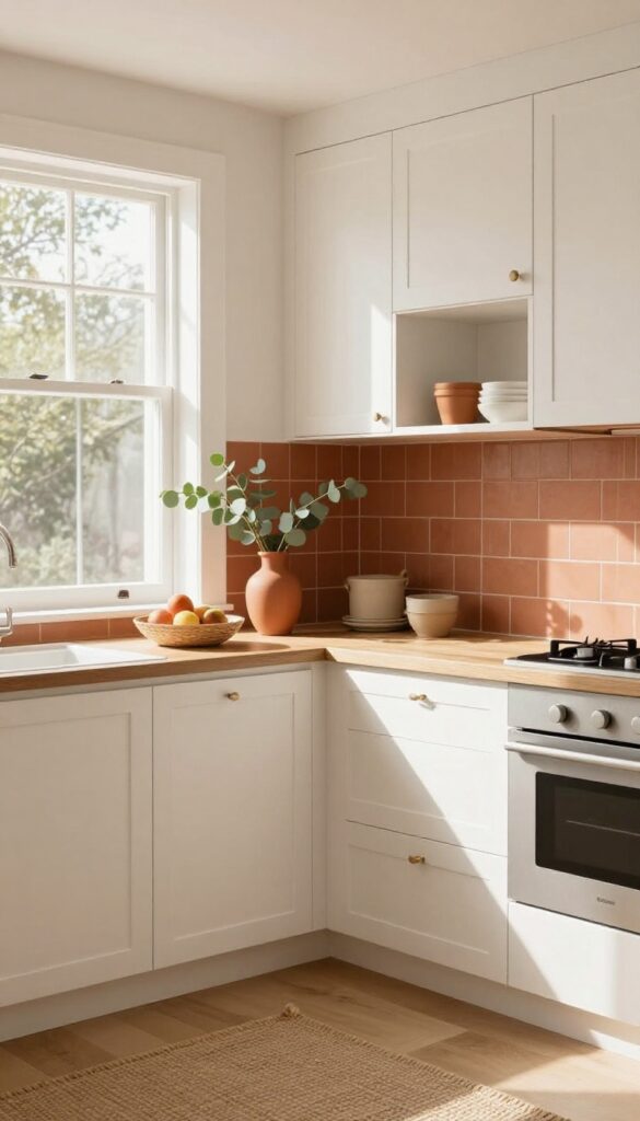 Bright kitchen with creamy white cabinets and terracotta tile backsplash