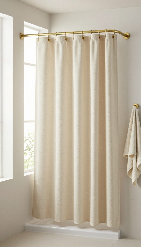 A custom-length shower curtain in a bold pattern fits perfectly in a bathroom with high ceilings and unique layout, showcasing tailored home decor with natural light and clean design.