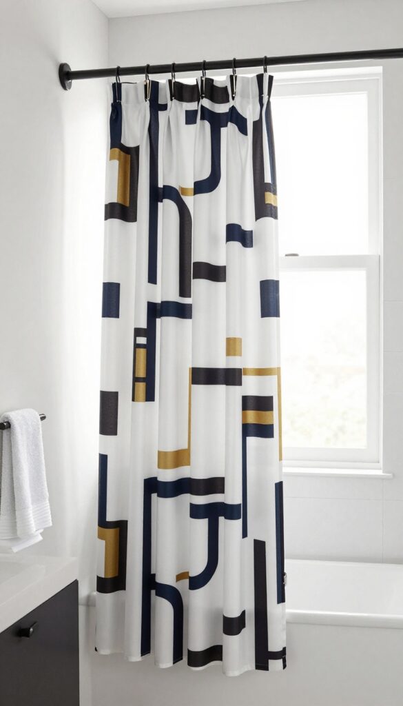 A modern bathroom with a geometric-patterned shower curtain in contrasting colors under natural light.