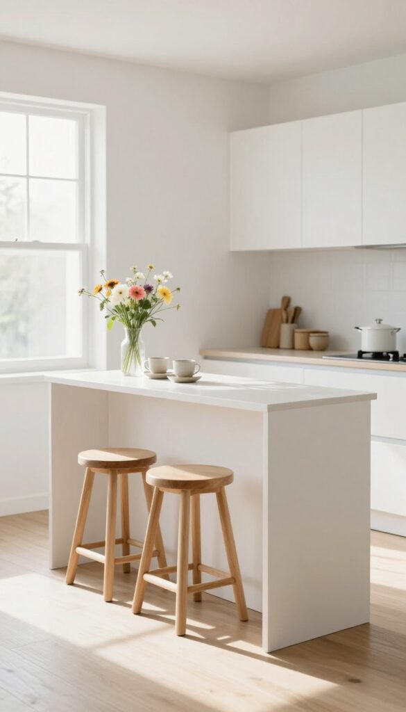 A slim white console table in a bright kitchen with two stools tucked underneath, set with coffee cups and flowers.