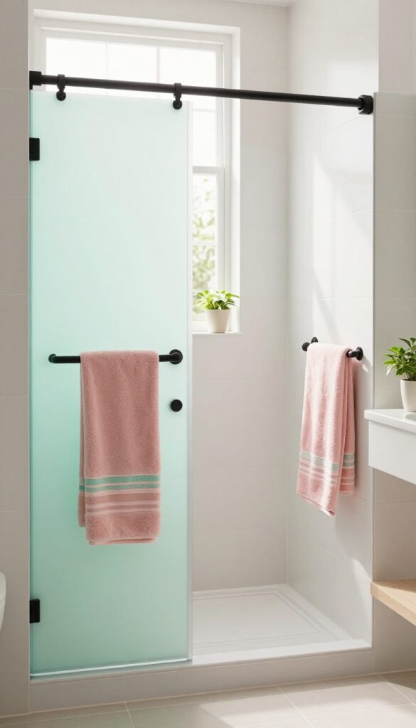 A frosted glass shower door with pastel color-blocking in a bright, modern bathroom.
