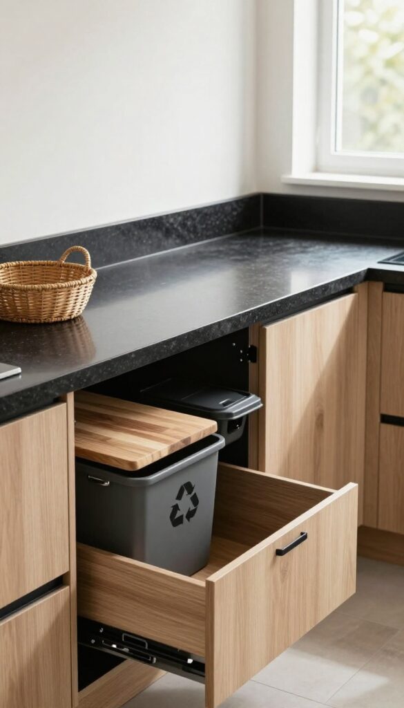 Modern kitchen with matte black quartz countertops and under-cabinet bins for recycling and trash.