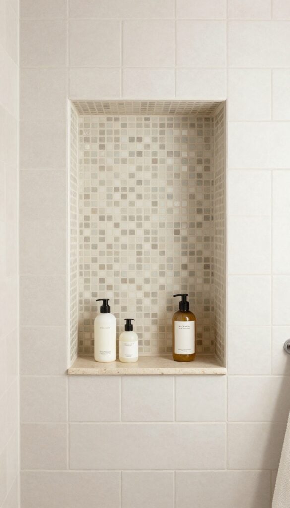 A farmhouse-style walk-in shower featuring a built-in niche with contrast mosaic tile and neatly organized products on a stone shelf.