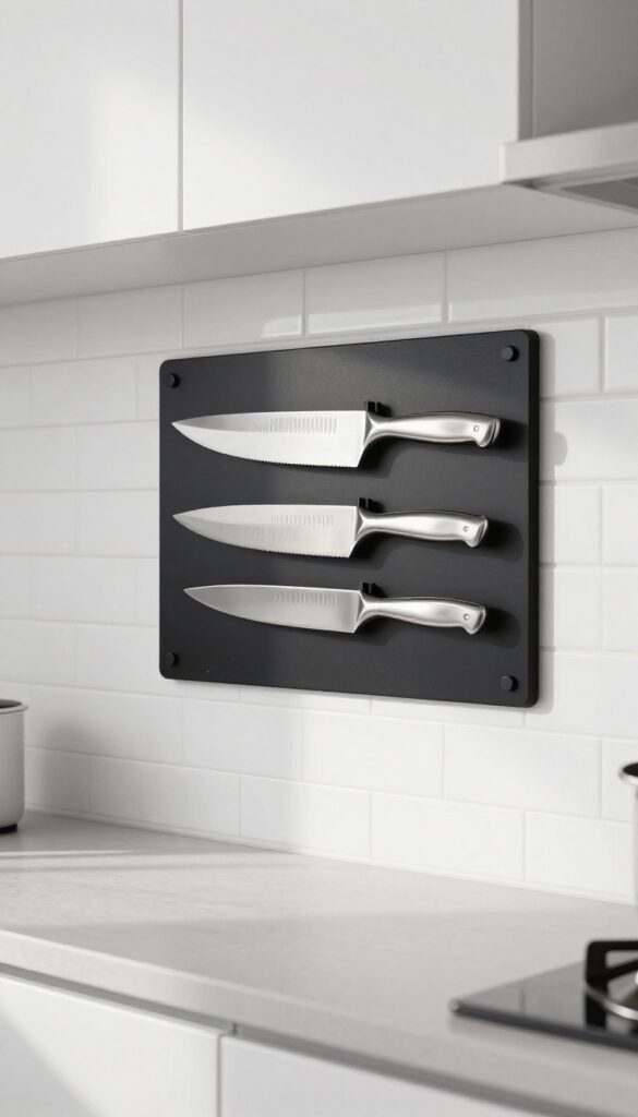 Modern kitchen with wall-mounted magnetic knife strip on white subway tile backsplash, knives organized and counter clutter-free.