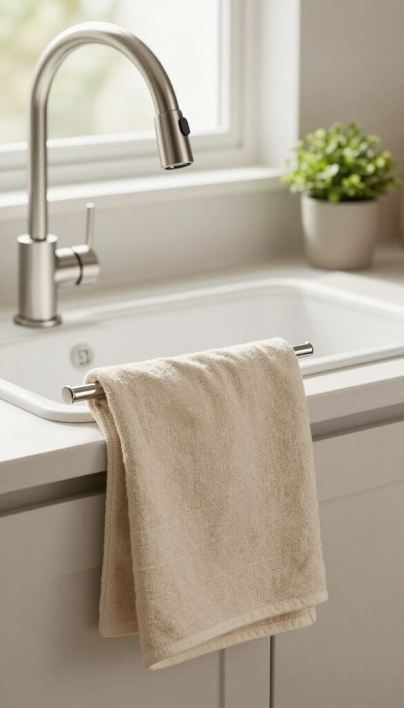 Over-the-faucet towel holder with linen towel on modern kitchen faucet