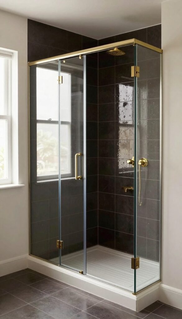 Glossy dark tiles in a shower reflecting light to enhance space and brightness in a modern bathroom.