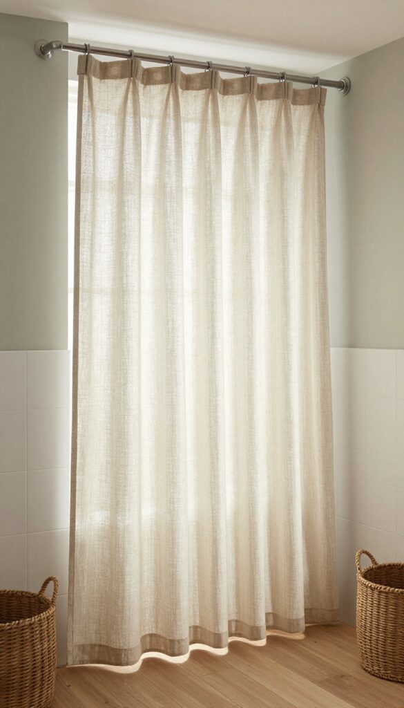 A curved shower curtain rod with a textured linen curtain in a neutral beige color, draped softly in a bright bathroom with natural light and earthy tones like sage walls and woven baskets.