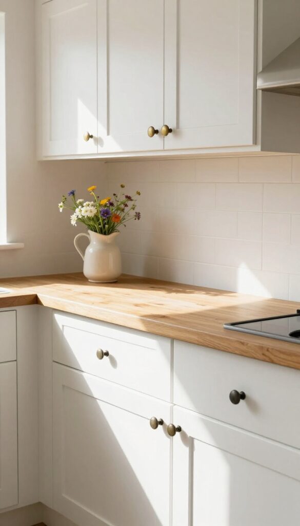 Farmhouse kitchen with creamy white shaker cabinets, aged brass knobs on upper cabinets, black iron pulls on lower drawers, natural light, ceramic pitcher with wildflowers.