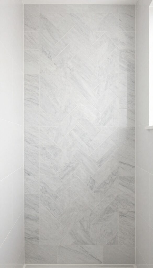 A shower with a marble-look herringbone tile accent wall on the back wall, surrounded by simple white tiles and minimal fixtures in bright natural light.