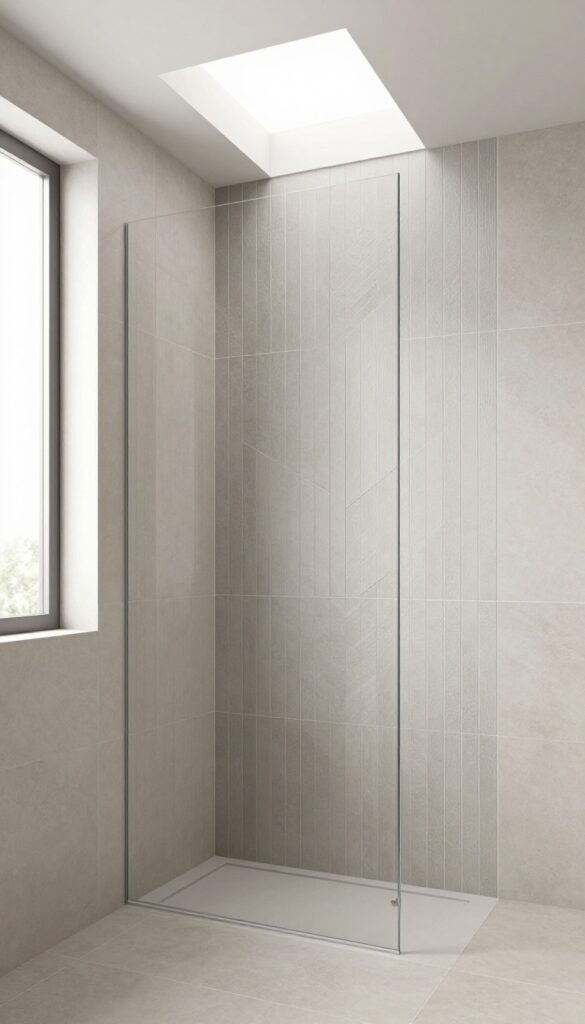 A modern bathroom shower with vertical herringbone tile pattern on the walls in neutral colors, creating dynamic movement and an illusion of height under bright natural light.