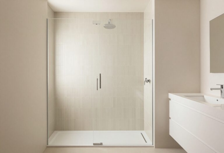 Modern bathroom shower with vertical stacked subway tiles in soft beige, demonstrating a fresh and stylish home decor idea for shower tile designs.