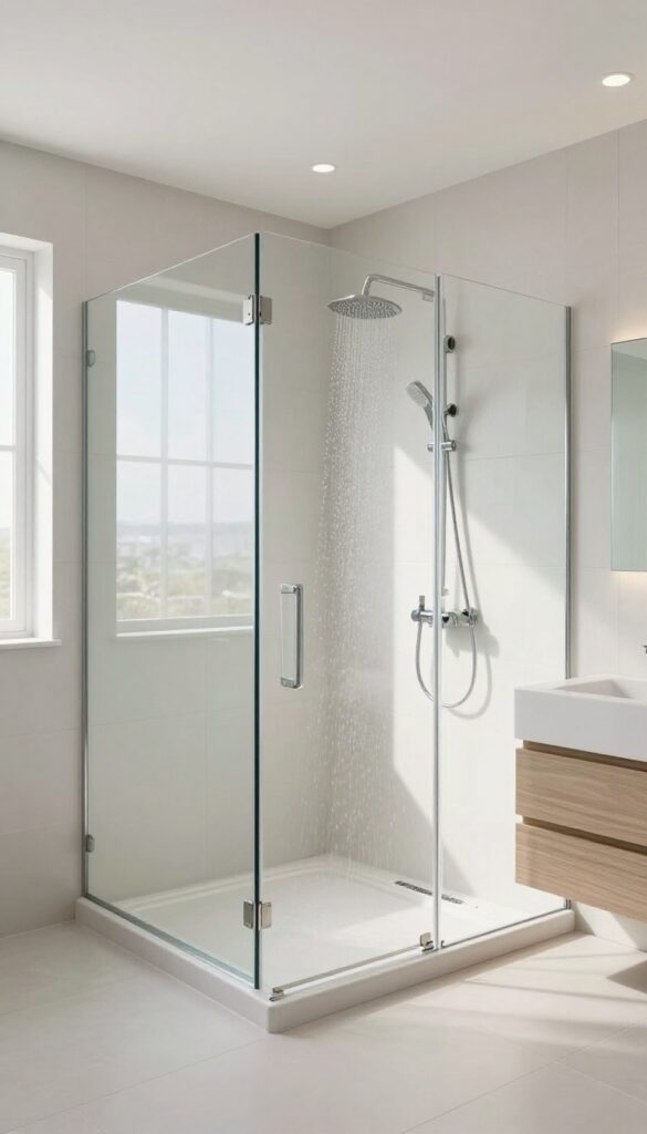 A modern bathroom featuring a walk-in shower in place of a bathtub, with natural lighting and clean design elements.
