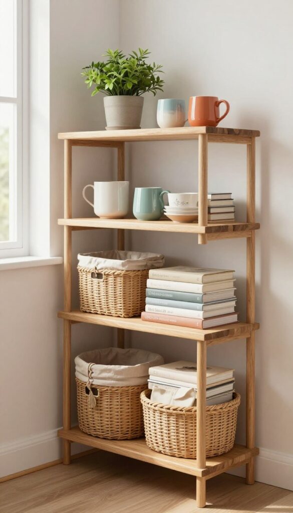 Two-tier corner hutch in a small kitchen nook with cookbooks, baskets, plants, and mugs