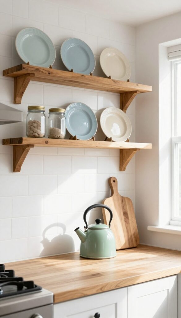 Open shelving with vintage dishes in a cozy kitchen