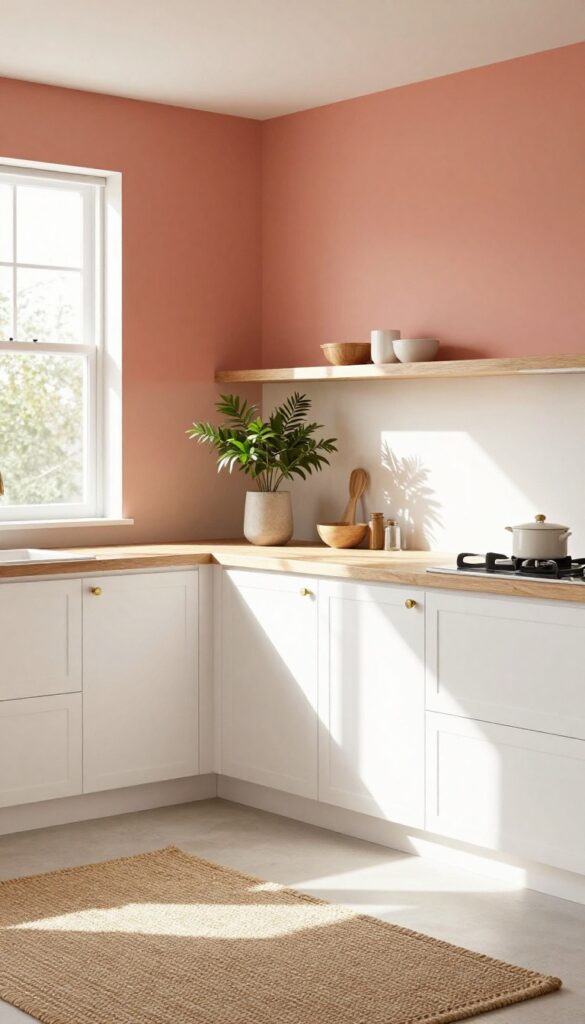 Cozy kitchen with muted coral accent wall, open shelves, natural wood tones, and soft white cabinetry in warm sunlight.