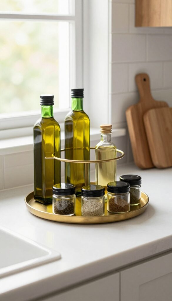 Tiered stand on kitchen counter holding oils and spices in neat display
