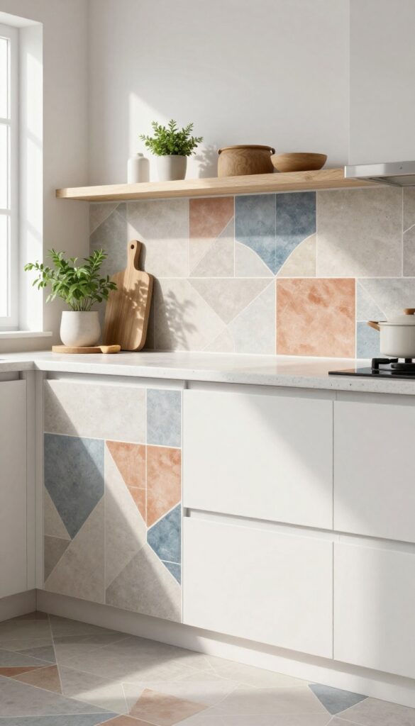 Geometric cement tile splashback in muted tones in a bright modern kitchen with simple cabinetry and natural elements.
