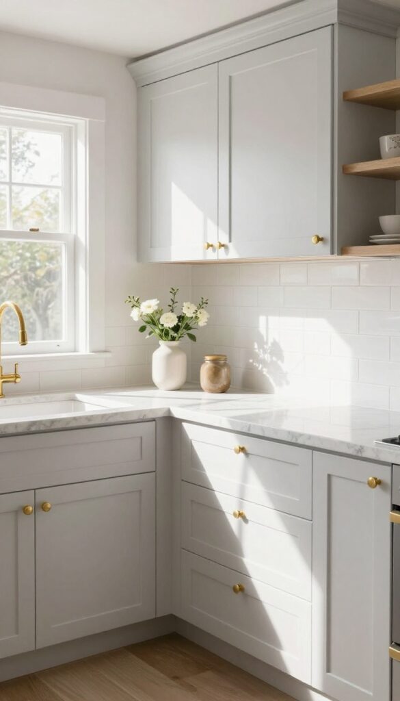 Indian kitchen with quartz countertop featuring subtle gray veins, white cabinets, brass hardware, and natural light.
