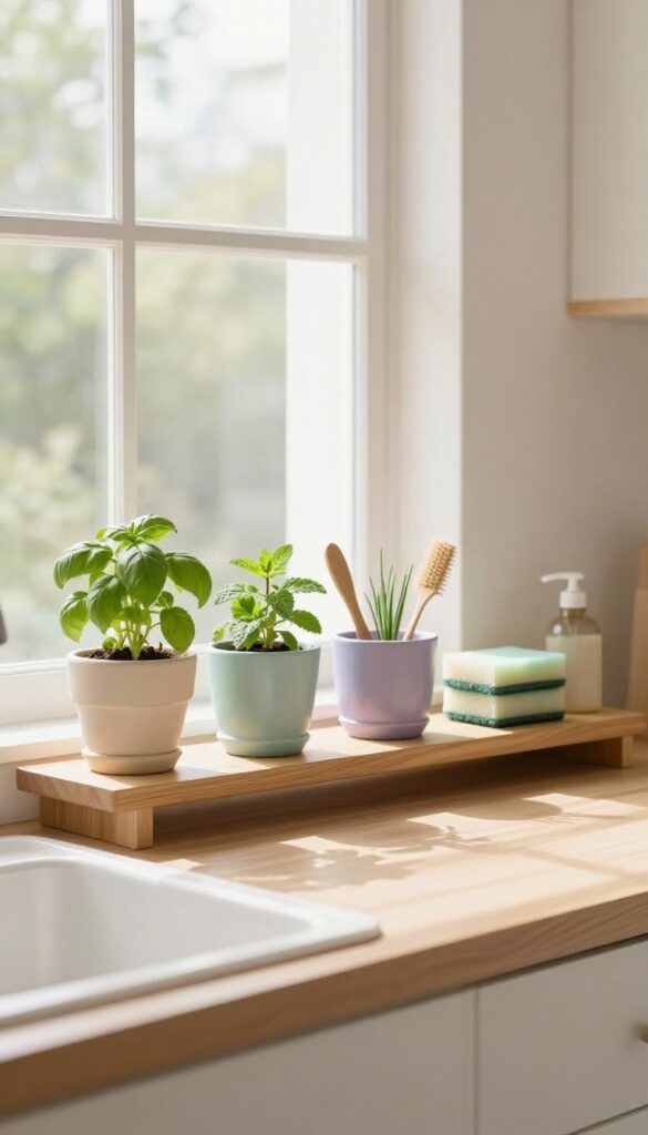 Kitchen window sill herb garden with under-sill storage shelf