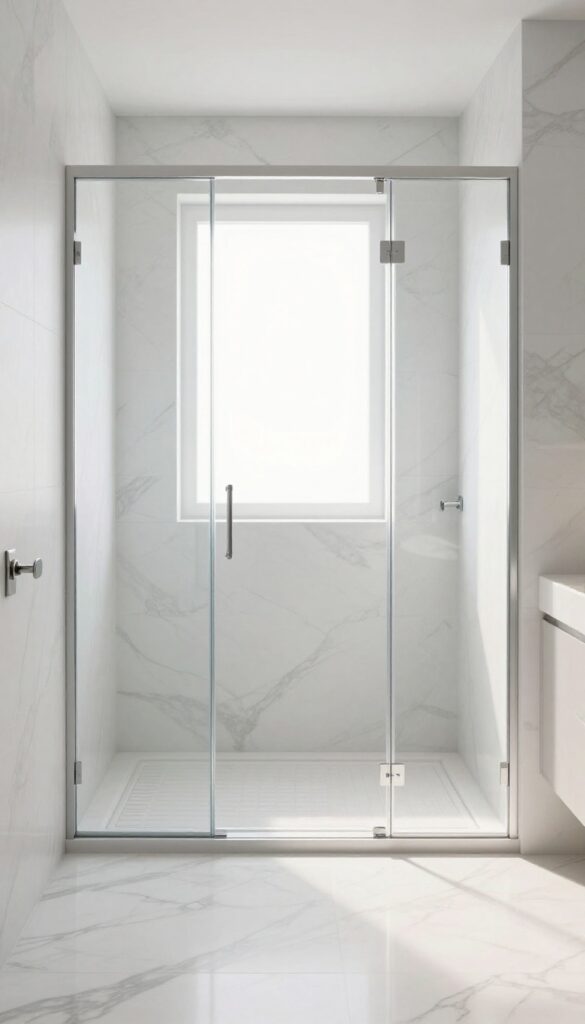 A seamless marble floor flowing into a walk-in shower in a bright, classic bathroom with clear glass doors