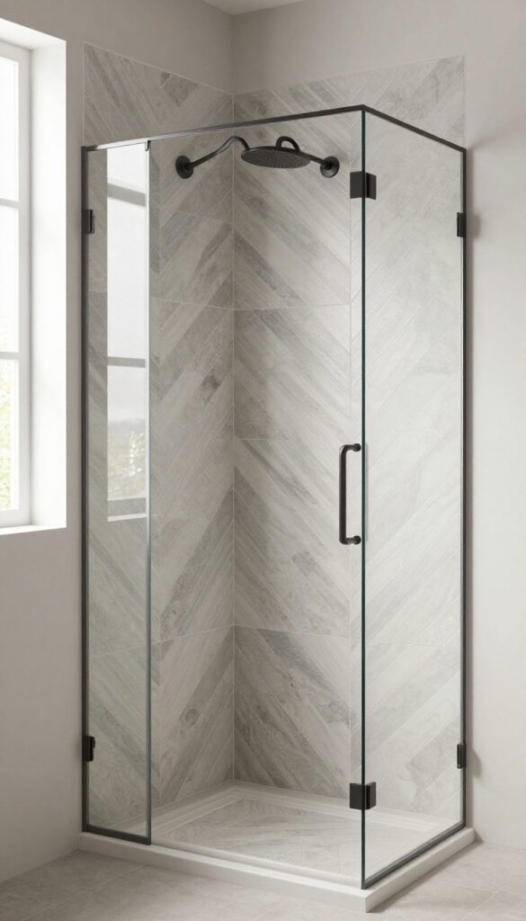 A walk-in shower featuring a geometric tile pattern in soft gray and warm white tones, with matte black fixtures and bright natural lighting, showcasing modern bathroom design.