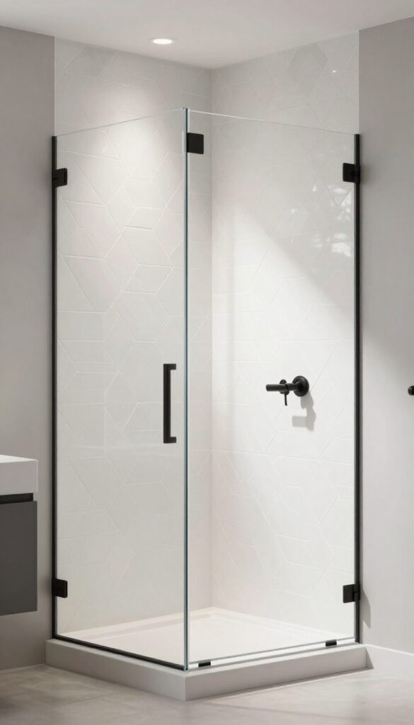 A photorealistic image of a shower with a single accent wall showcasing bold geometric tile patterns in hexagon or herringbone design, set in a modern bathroom with neutral walls and sleek fixtures.