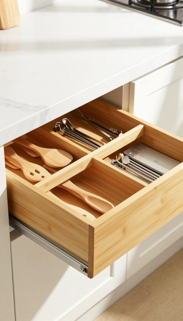 Open kitchen drawer with bamboo expandable organizers holding utensils and gadgets in natural light.