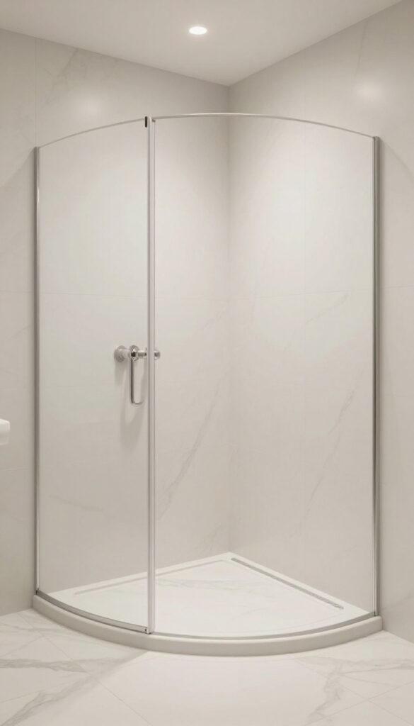 A curved marble shower curb in a small walk-in shower without doors, showcasing soft lines and elegant design in a bright, modern bathroom setting.