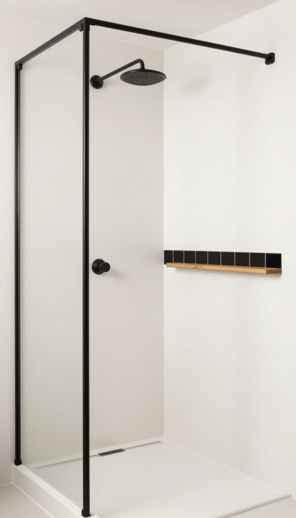A photorealistic image of a black-and-white curbless shower in a bathroom, showcasing soft contrast with white tiles and matte black accents under natural light.