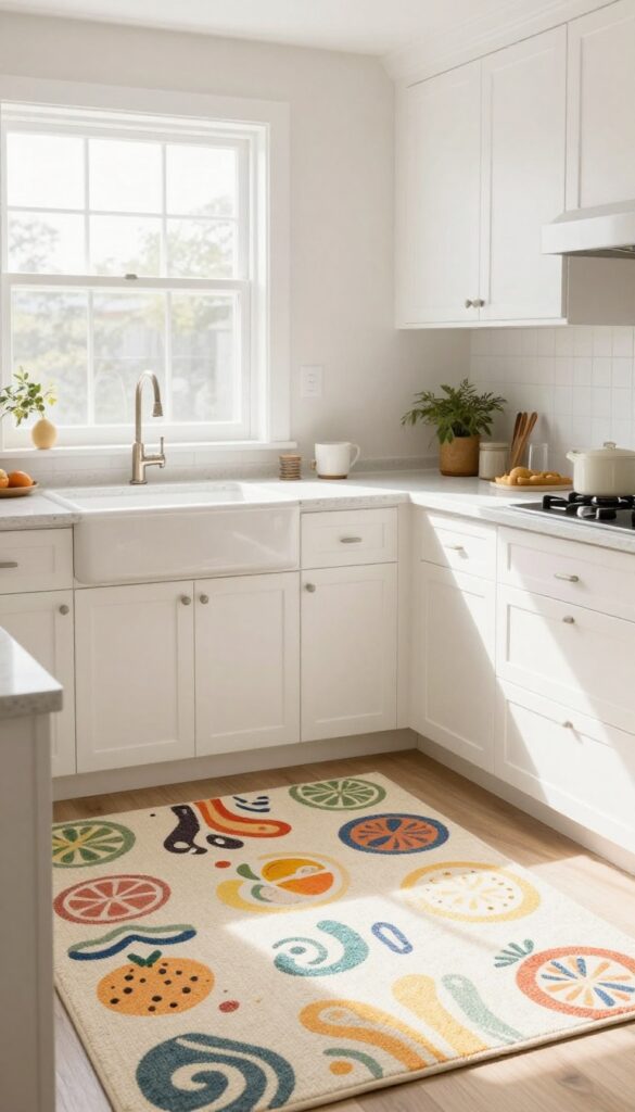 Bright kitchen with white cabinets and a playful patterned runner rug in front of the sink