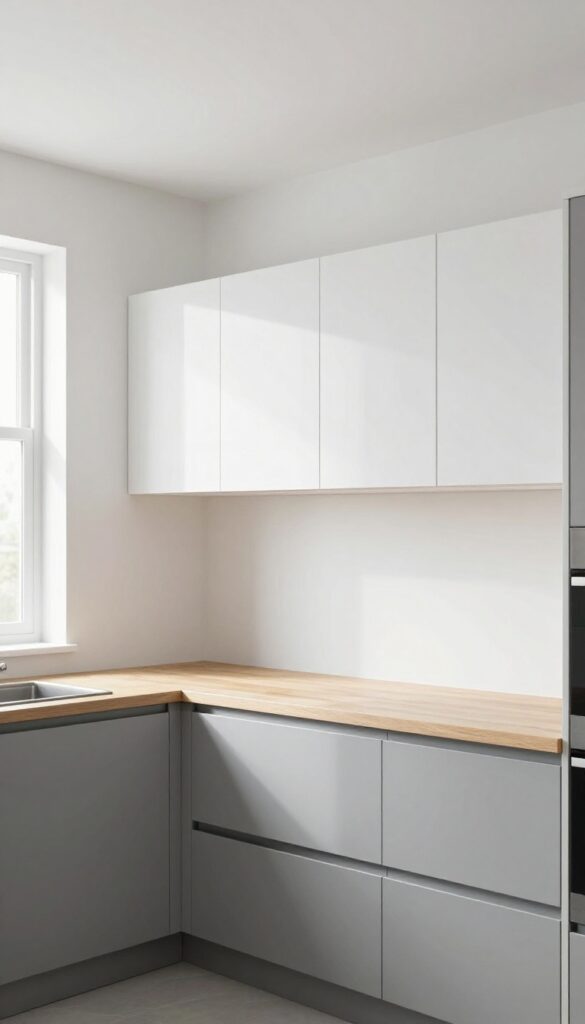 Small kitchen with high-gloss white ceiling and upper walls, matte gray lower cabinets, bright and airy