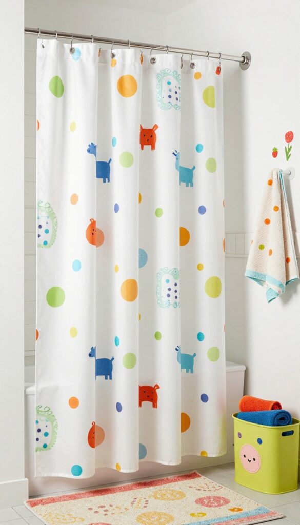 A kids' bathroom with a vibrant patterned shower curtain featuring polka dots and animals, paired with solid-colored towels and colorful accessories in bright natural light.
