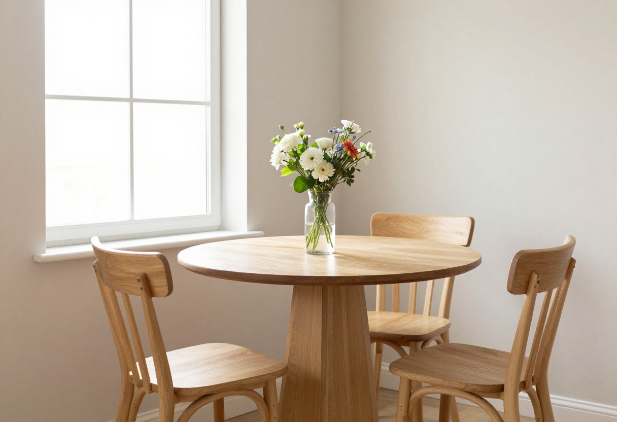 Small kitchen with round wooden table and chairs in a bright corner