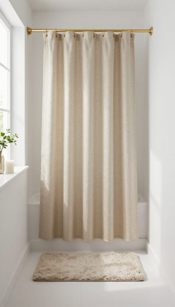 Bright bathroom with a neutral shower curtain featuring subtle gold metallic threading, catching soft natural light.