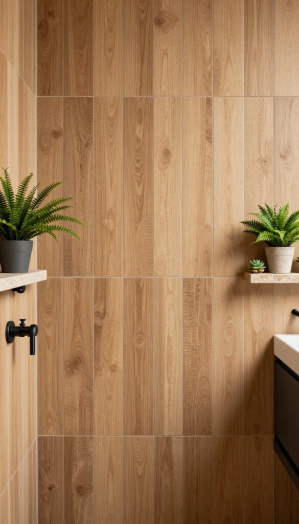Vertical wood-look tiles in a shower with matte black fixtures and plants for a warm, natural aesthetic.